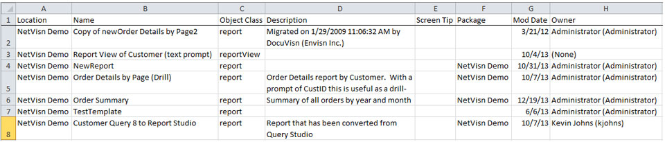 Cognos Report Descriptions screenshot