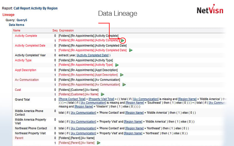 cognos data lineage in netvisn