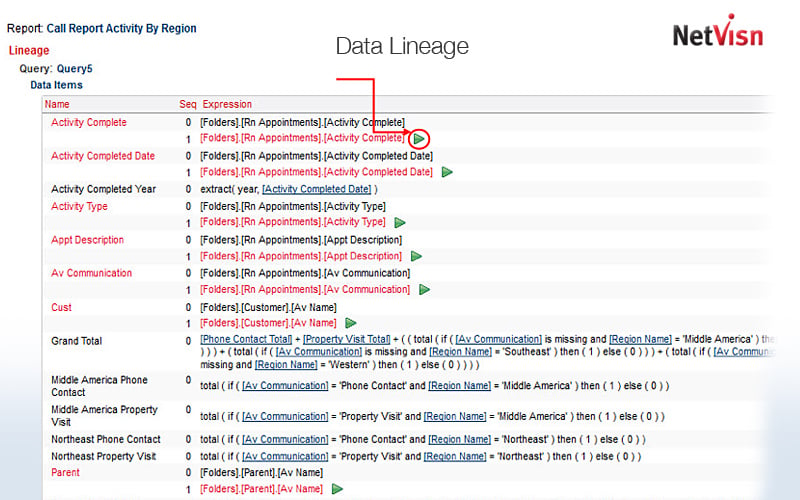 cognos data lineage in netvisn