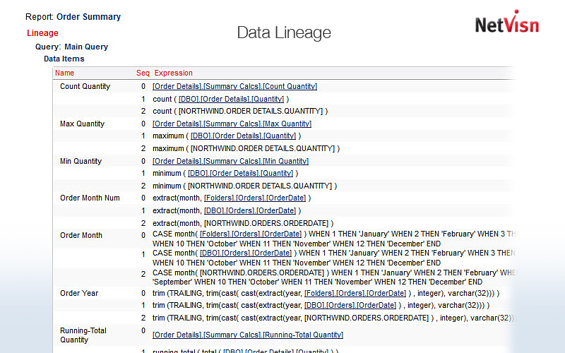 cognos data lineage in netvisn