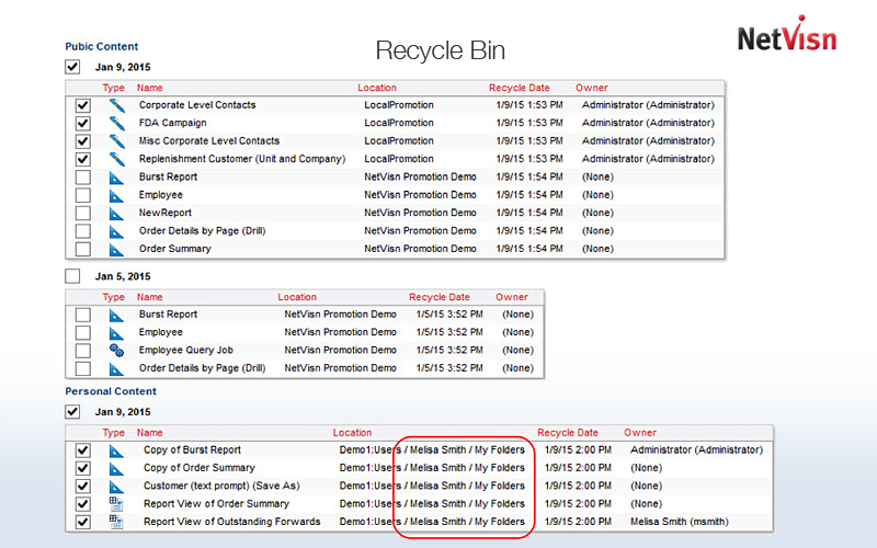 recycle bin queries in netvisn