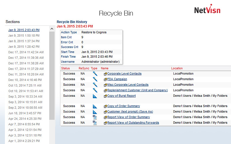 recycle bin history log in netvisn