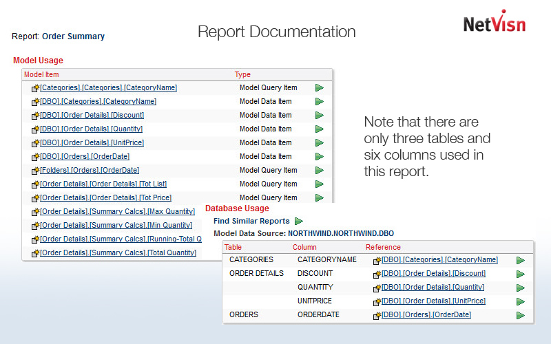 model items in report summary