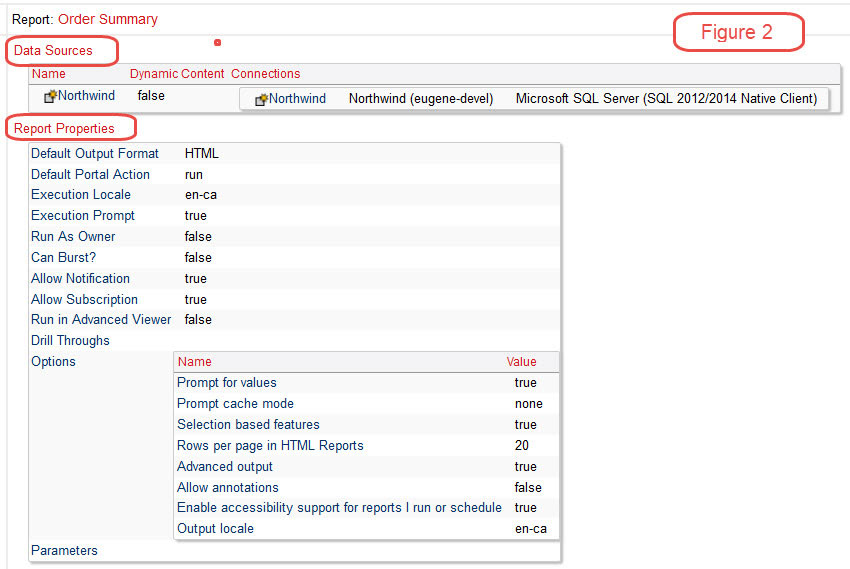 cognos data sources report properties