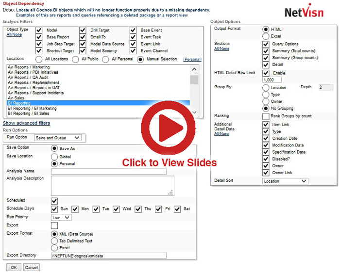 cognos Content Store report on objects with missing dependencies