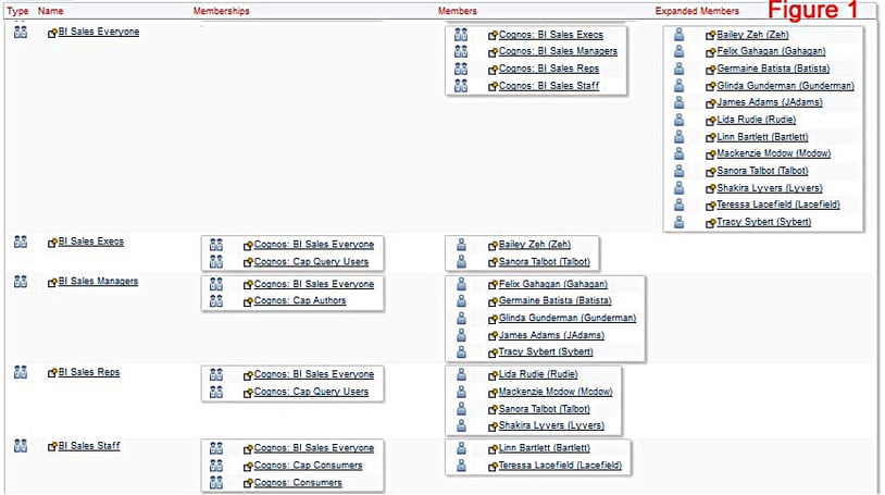 figure 1: Groups and Roles, Memberships, Members and Expanded Members  within Cognos