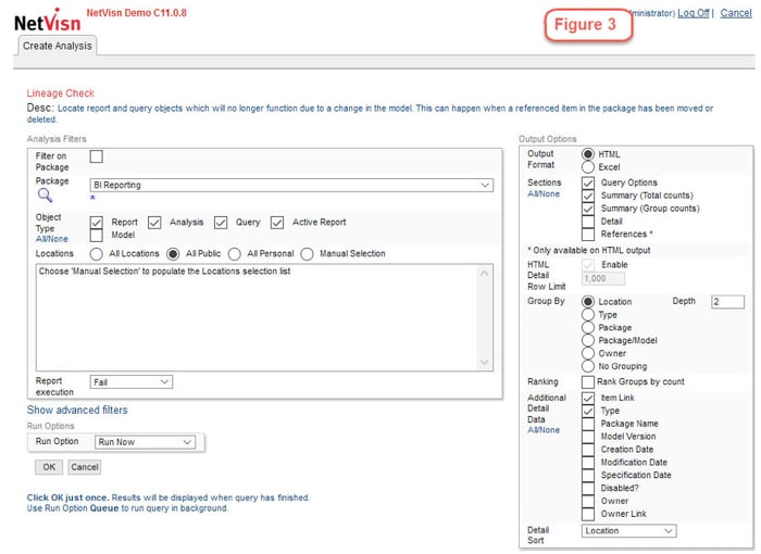 cognos analysis with broken data lineage