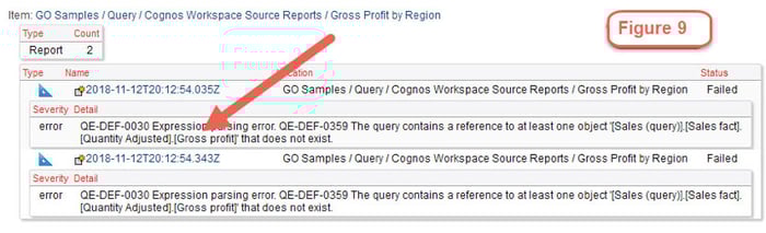 cognos object causing report failure