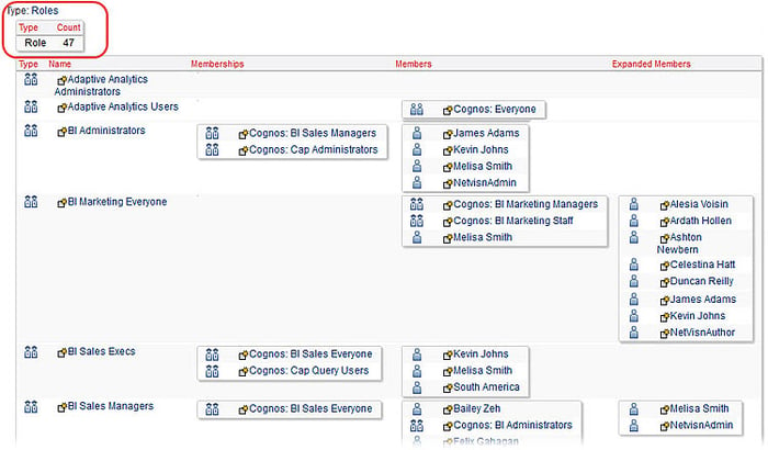 cognos security roles report