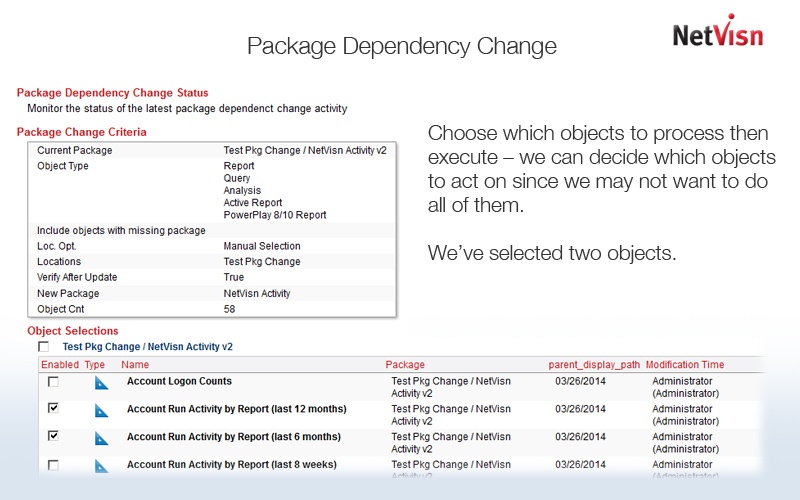 select cognos objects in packages