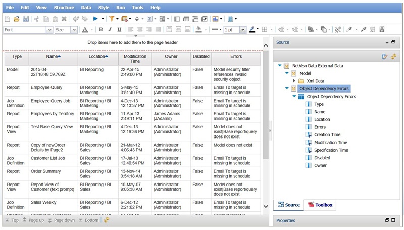 list report showing details by cognos object
